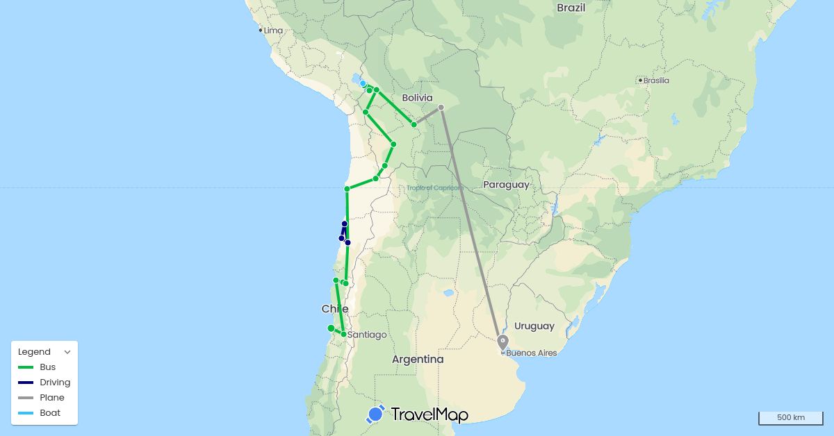 TravelMap itinerary: driving, bus, plane, boat in Argentina, Bolivia, Chile (South America)